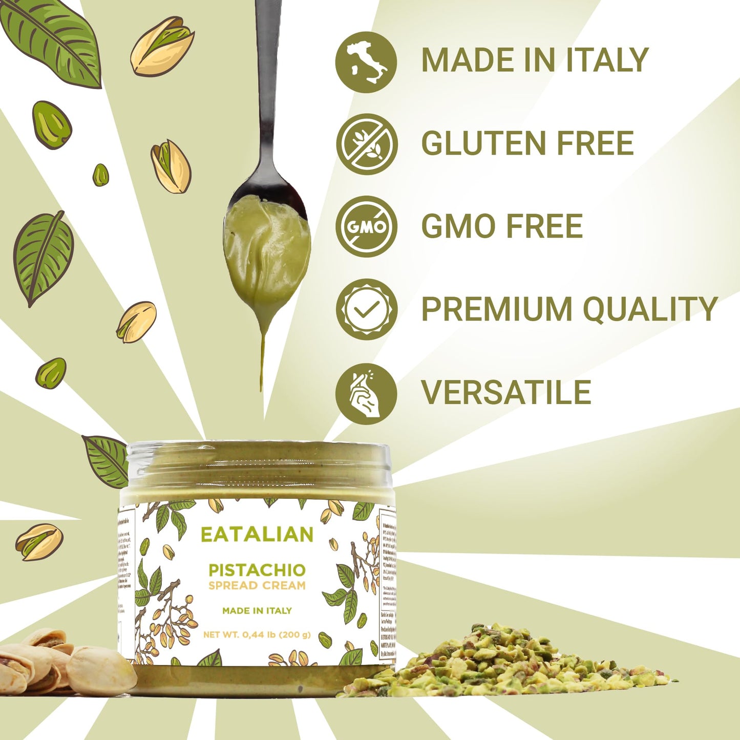 Eatalian By Amz Better Pistachio Cream, 7Oz/200 Gr, Spreadable Pistachio Paste, Sweet And Unique Taste, Ideal On Bread, For Cake