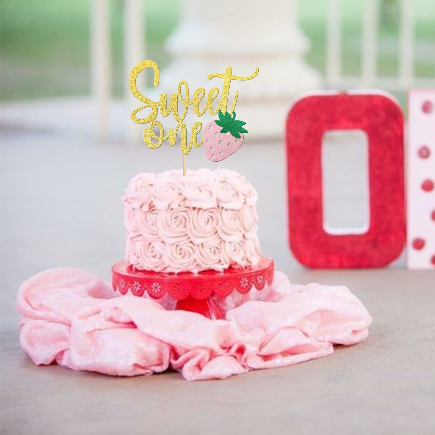 1 Pcs Strawberry Sweet One Cake Topper Glitter First Birthday Strawberry Cake Pick For Sweet Fruit Theme Baby Shower Kids Birthd