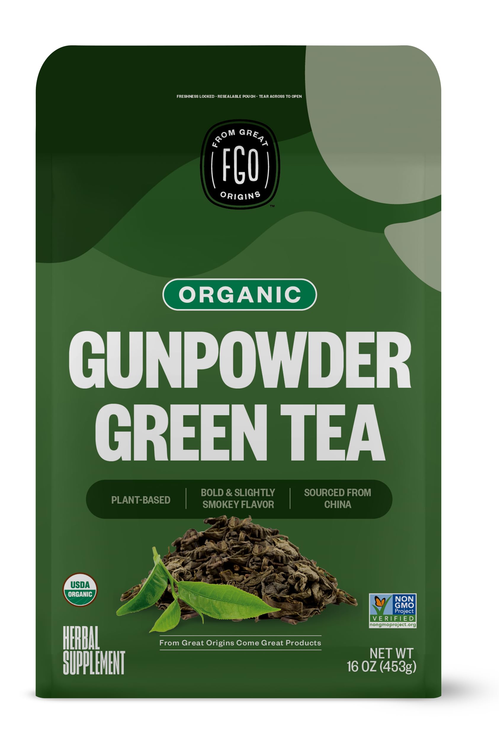 Fgo Organic Gunpowder Green Loose Leaf Tea, Resealable Kraft Bag, 16Oz, Packaging May Vary (Pack Of 1)