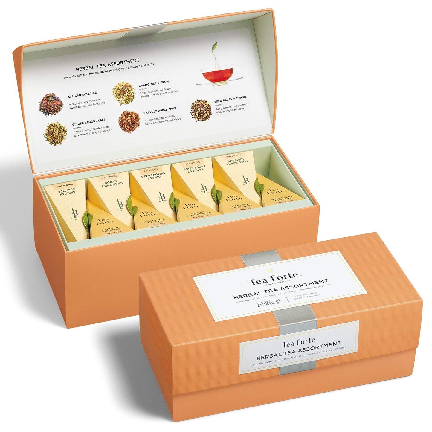 Tea Forte Assorted Herbal Presentation Box Tea Gift Set Sampler  20 Count  2 of Each Variety Individually Wrapped Handcrafted Pyramid Infuser Bags