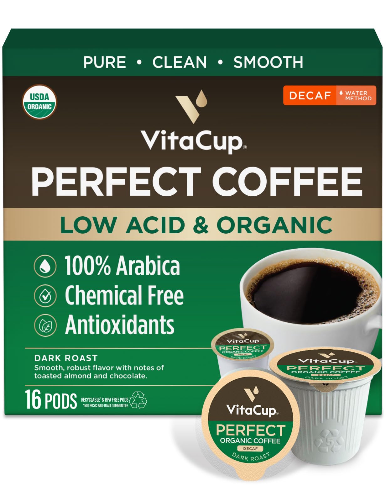 VitaCup Organic Perfect Dark Roast Decaf Coffee Pod for Pure & Clean Energy  Antioxidants  Low Acid  Guatemala Single Origin in Recyclable Single Serve Pod compatible w/Keurig K-Cup malt-inspired 16CT