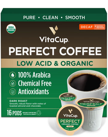 VitaCup Organic Perfect Dark Roast Decaf Coffee Pod for Pure & Clean Energy  Antioxidants  Low Acid  Guatemala Single Origin in Recyclable Single Serve Pod compatible w/Keurig K-Cup malt-inspired 16CT