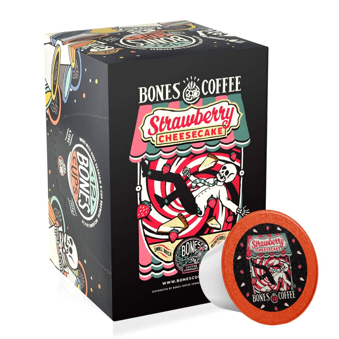 Bones Coffee Company Strawberry Cheesecake Flavored Coffee Pods, Low Acid Medium Roast Single-Serve Bones Cups, Compatible With 1.0 & 2.0 K-Cups Malt-Inspired Coffee Maker, 12 Count