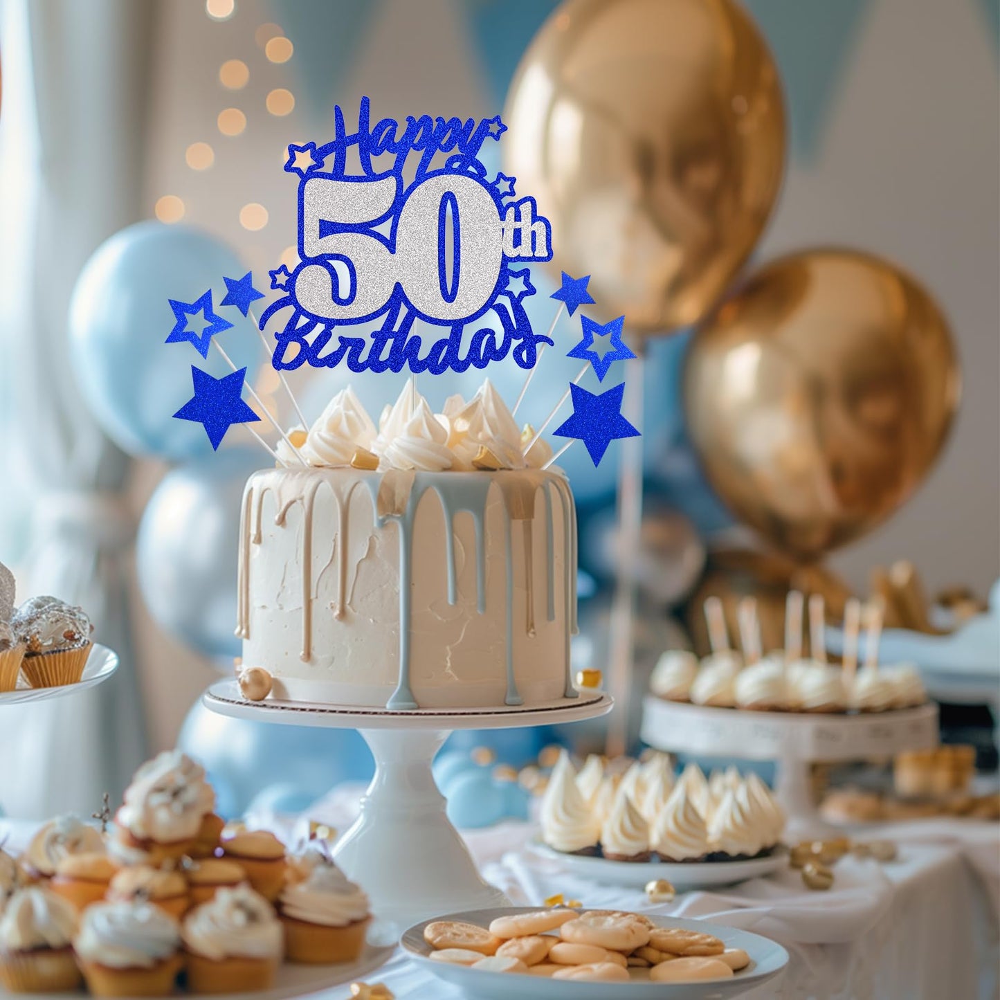 Happy 50Th Birthday Cake Topper, Blue And Silver Glitter Cake Toppers, 50 Year Birthday Party Cake Decoration