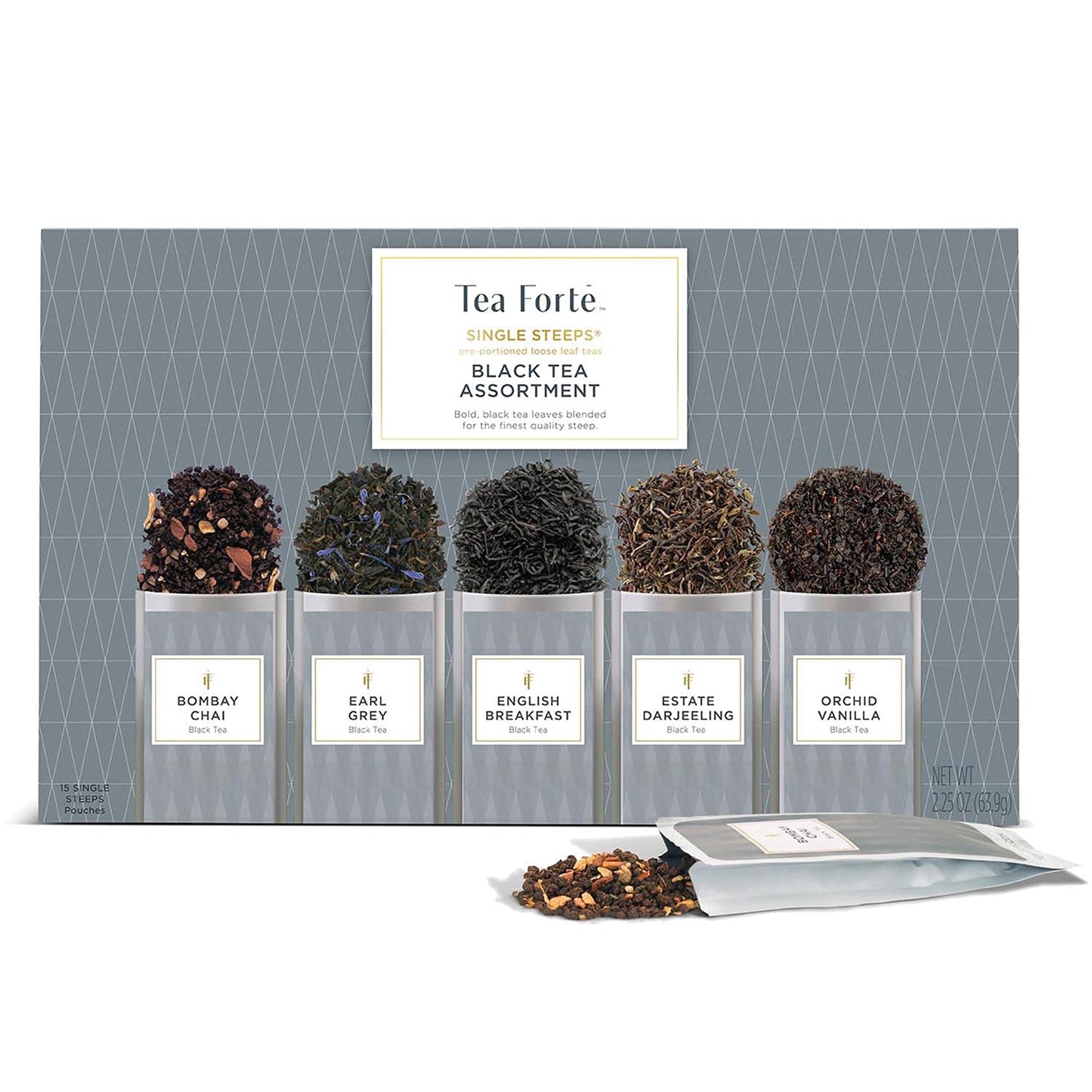 Tea Forte Black Tea Assortment Single Steeps Loose Leaf enhanced Tea Gift Set Sampler, 15 Count 3 of Each Assorted Blends, Pre-Portioned Single Serve Pouches, Steeps 12 oz