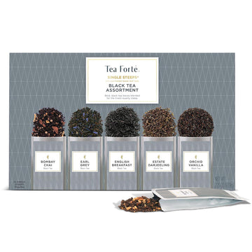 Tea Forte Black Tea Assortment Single Steeps Loose Leaf enhanced Tea Gift Set Sampler, 15 Count 3 of Each Assorted Blends, Pre-Portioned Single Serve Pouches, Steeps 12 oz