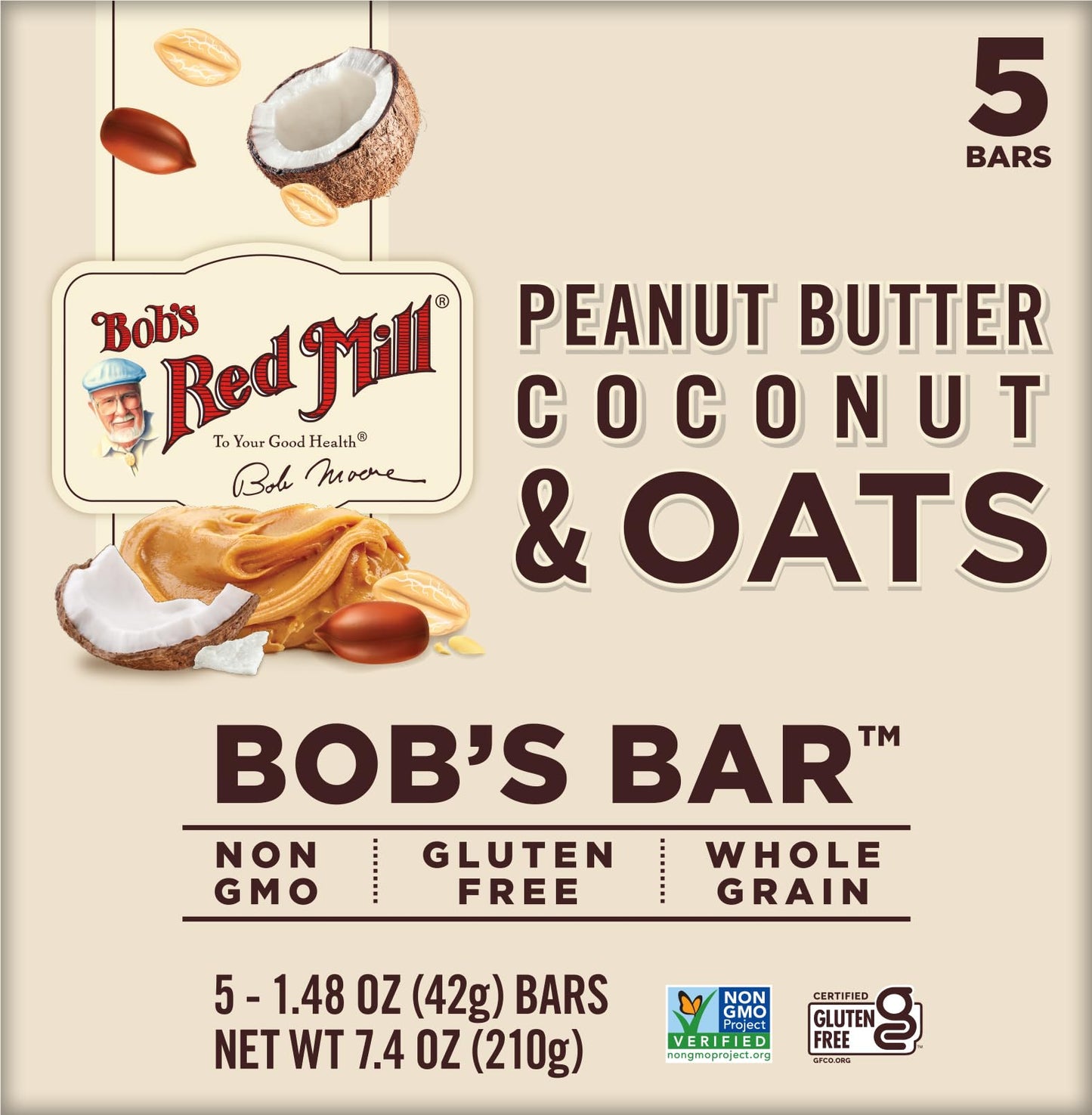 Bobs Red Mill Peanut Butter Coconut & Oats Bar, 5 Count, Non-GMO, Gluten Free, Kosher, Model P110879