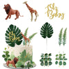 Realistic Safari Jungle Animals Cake Toppers With Plam Leaf Eucalyptus Leaves Cake Decorations For Wild Themed Birthday Baby Sho