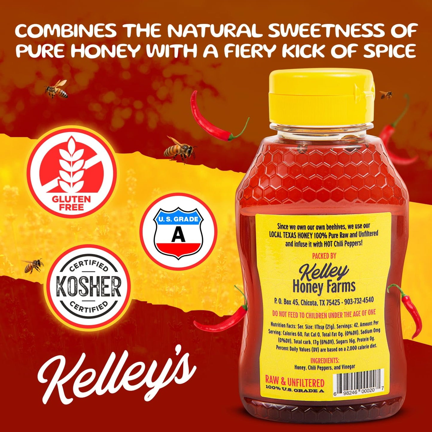 Kelley'S Hot Honey, 12 Oz - 100% Unfiltered Raw Honey Infused With Chili Pepper - Rich Flavor For Bbq, Fried Chicken, Pizza, Cha