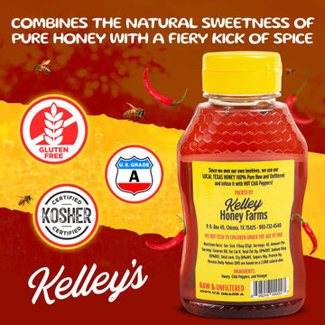 Kelley'S Hot Honey, 12 Oz - 100% Unfiltered Raw Honey Infused With Chili Pepper - Rich Flavor For Bbq, Fried Chicken, Pizza, Cha
