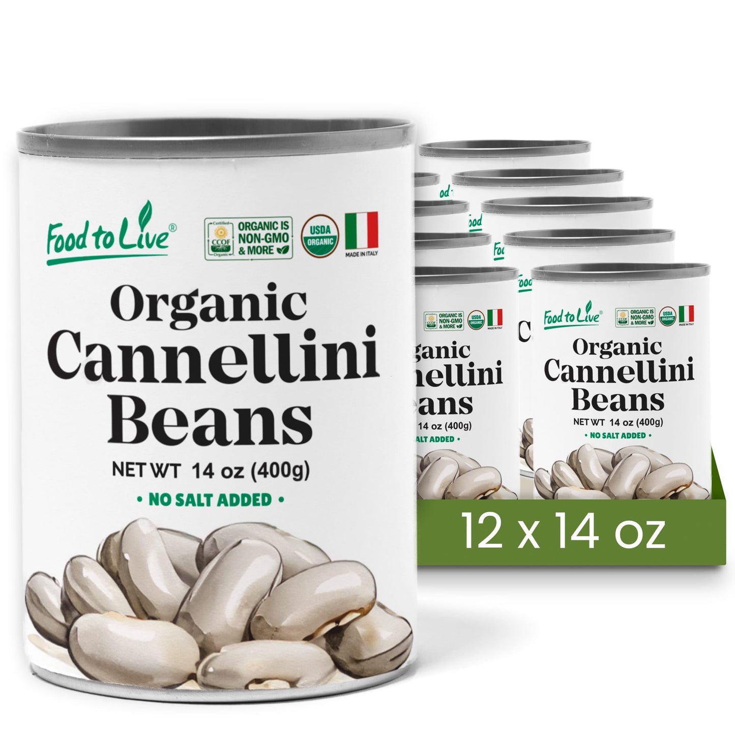 Food to Live Organic Italian Canned Cannellini Beans, 14 oz (Pack of 12) - Unsalted Non-GMO White Kidney Beans. Good Source of F