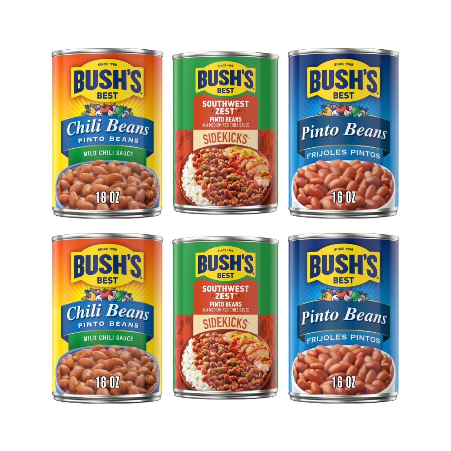 Bush's Best Baked Beans, Pinto Power Variety Pack, 2 Southwest Zest Pinto Beans (15oz), 2 Mild Chili Pinto Beans (16oz), 2 Origi