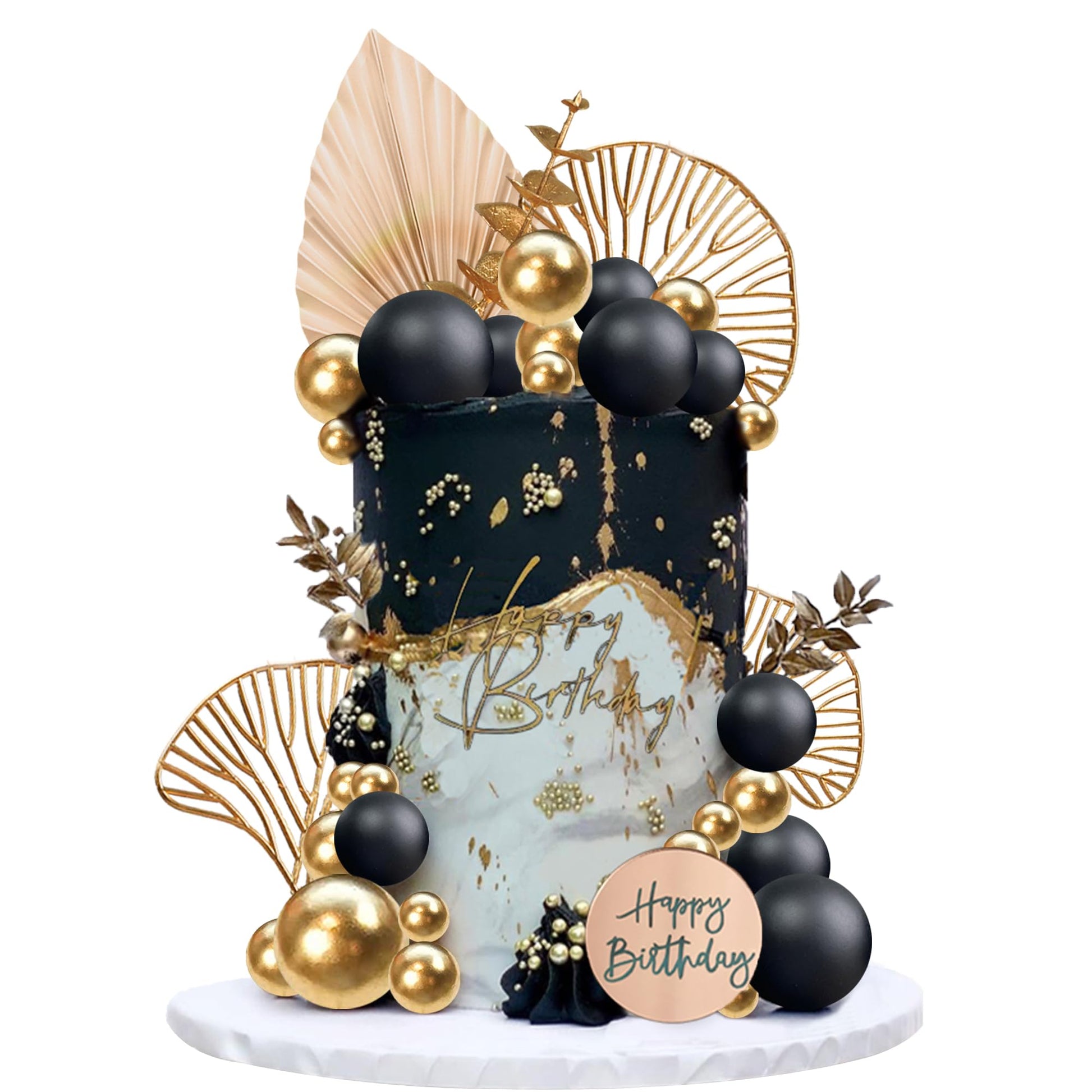 Boho Cake Topper Happy Birthday Cake Decorations With Balls Eucalyptus For Wedding Baby Shower Boys Girls Birthday Themed Party