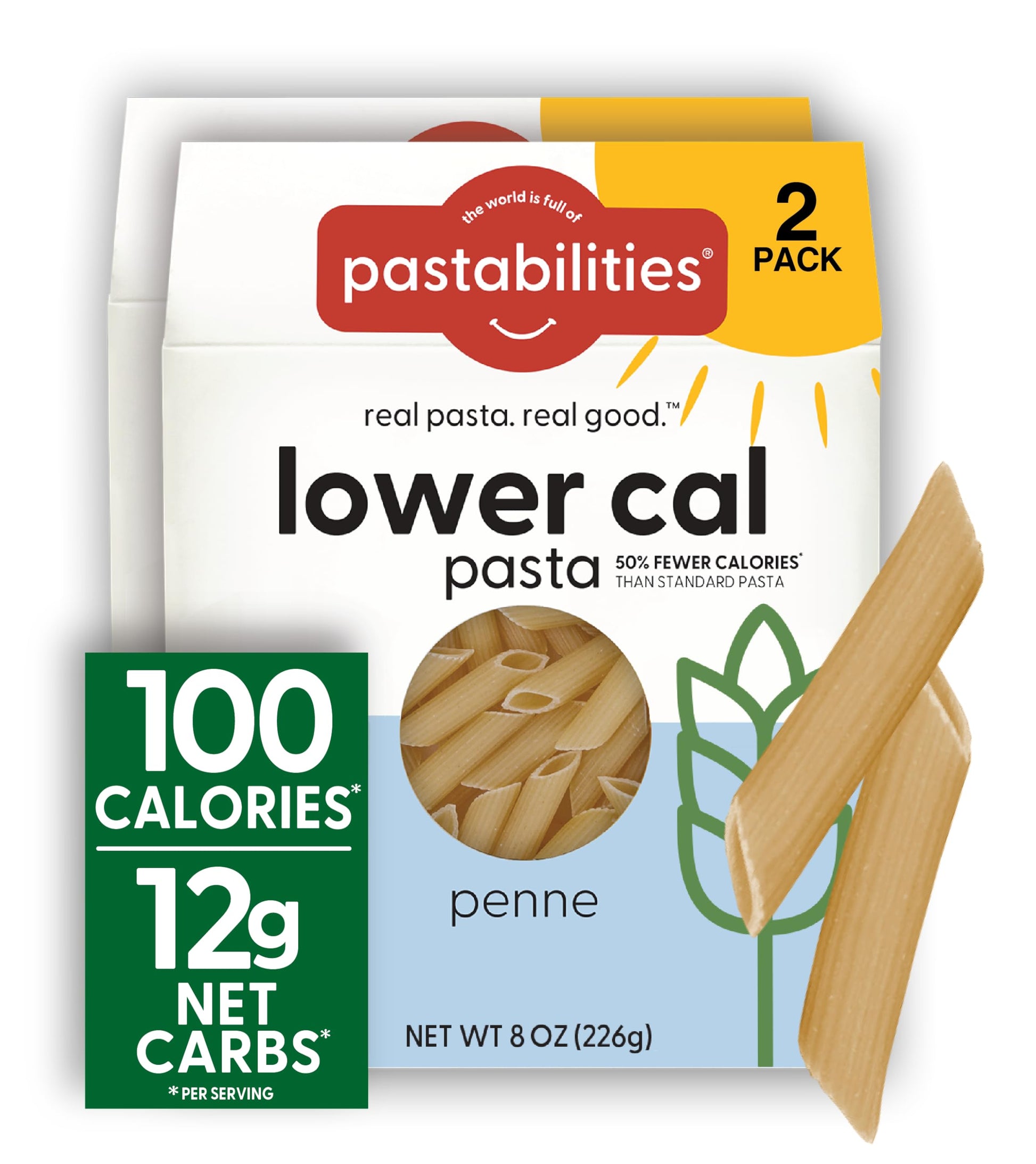 Pastabilities, Lower Calorie Pasta, Penne – 100 Calories Per Serving, Low Net Carbs, Low Calorie, Non-Gmo, High Fiber, Vegan, Plant-Based, Enhanced Nutrients, Delicious Taste & Texture (8 Ounce, 2 Pack)