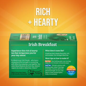 Twinings Irish Breakfast Black Tea Individually Wrapped Bags, 20 Count (Pack Of 6), Flavourful, Robust Black Tea, Caffeinated, E
