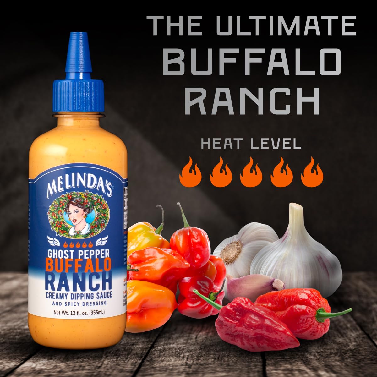 Melindas Ghost Buffalo Ranch - 12 Oz, 1 Pack - Spicy Ranch Sauce, Hot Creamy Sauce With Ghost Peppers - Perfect For Wings, Pizza