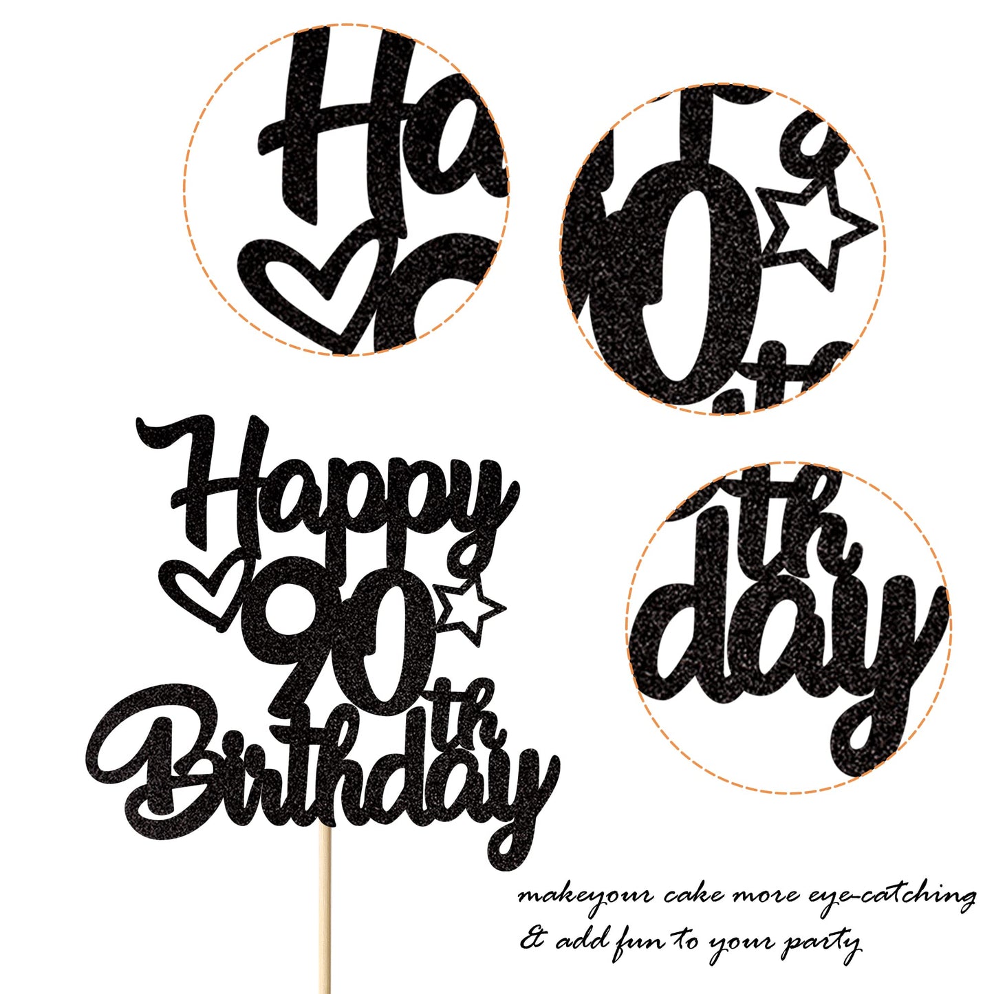 1 Pack Happy 90Th Birthday Cake Topper Glitter Heart Star 90 Fabulous Cake Pick Birthday Sign Cake Decorations For Children 90Th