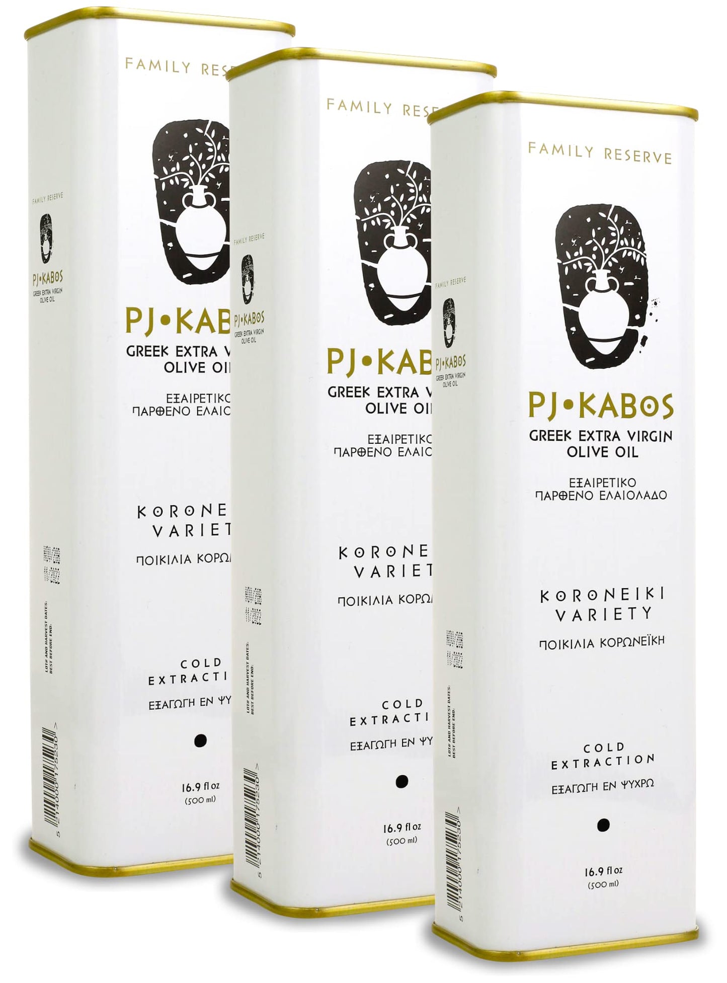 P.J. KABOS Premium Greek Extra Virgin Olive Oil, High Phenolic, 3 x 16.9 Fl Oz Tin, Cold Extracted, Koroneiki, Kosher