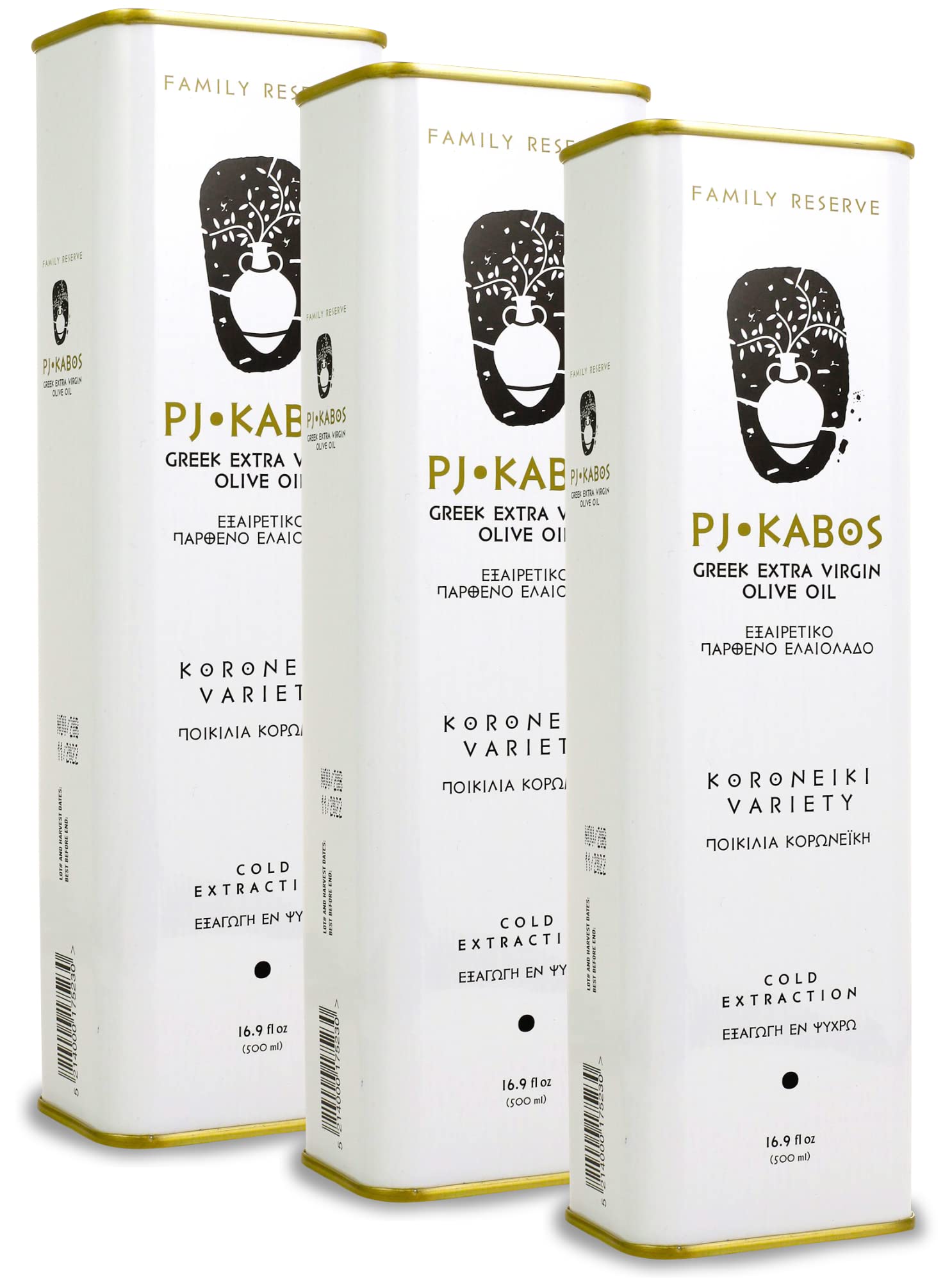 P.J. KABOS Premium Greek Extra Virgin Olive Oil, High Phenolic, 3 x 16.9 Fl Oz Tin, Cold Extracted, Koroneiki, Kosher
