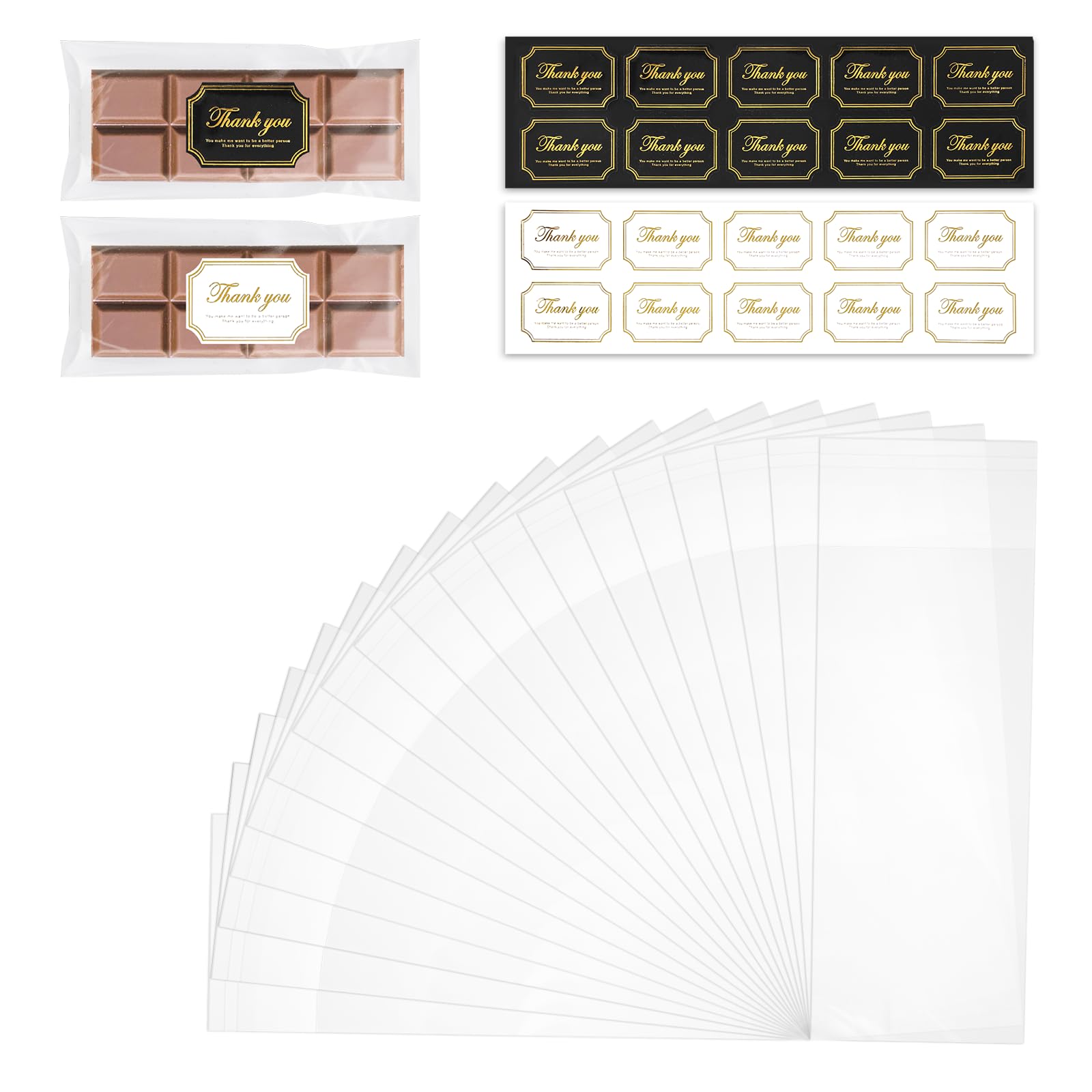 Qiuruoo Chocolate Bar Wrappers with Thank You Stickers, 2.5 x 7.1 Inch, Gold/Clear, Self-Adhesive Plastic, 200 Pcs