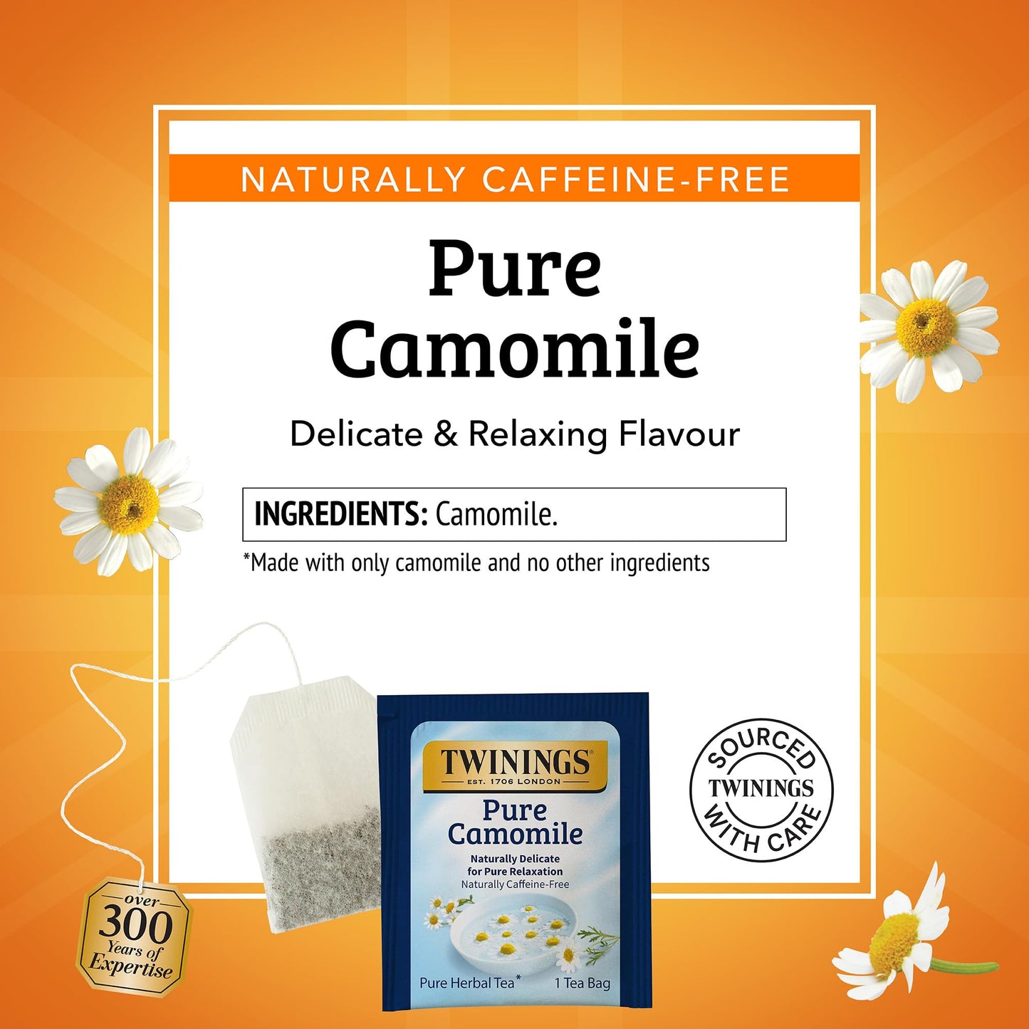 Twinings Herbal Tea, Pure Camomile, Caffeine-Free, 25 Count (Pack of 6), Model 9178, Individually Wrapped Bags