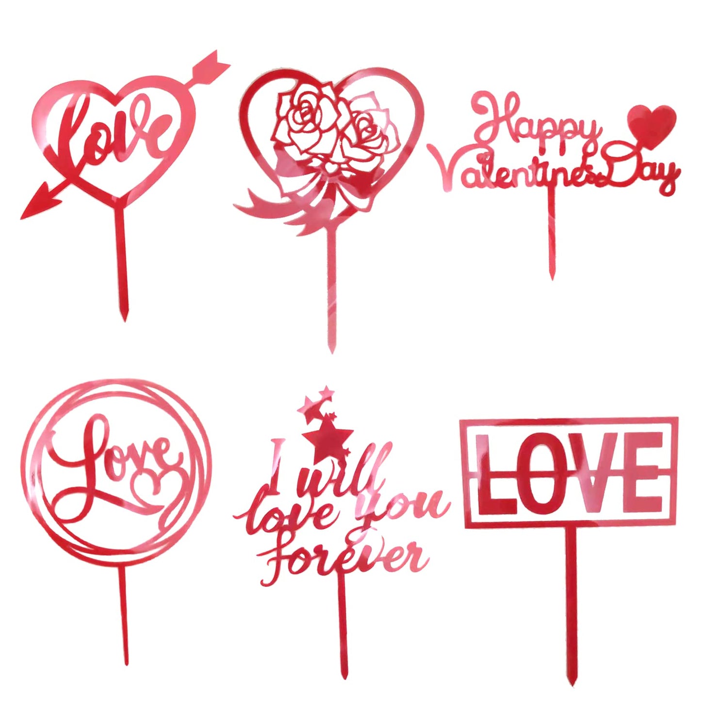 6 Pcs Red Happy ValentineS Day Cake Topper Love Heart Shape Cake Decoration Red Rose Flower Cake Toppers For Valentines Day Decorations Romantic Decorations Special Night Anniversary Decorations