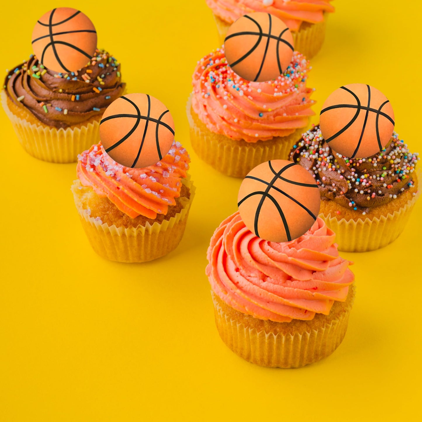 DRWATE 28pcs Basketball Cake Topper Decorations, Mini Cup Cake Decorations for Basketball Party, 1.1 inches, Orange, Model GCMGF091