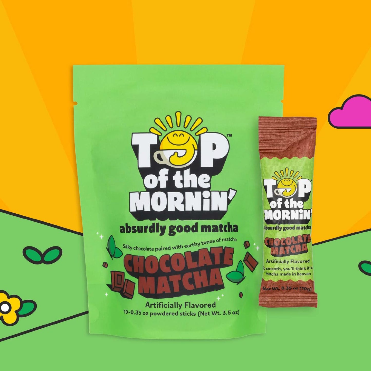 Top Of The Mornin' Green Tea Chocolate Matcha Latte, 10 Individual Packets Of Flavored Matcha, Enjoy Hot Or Cold, Single Serve M