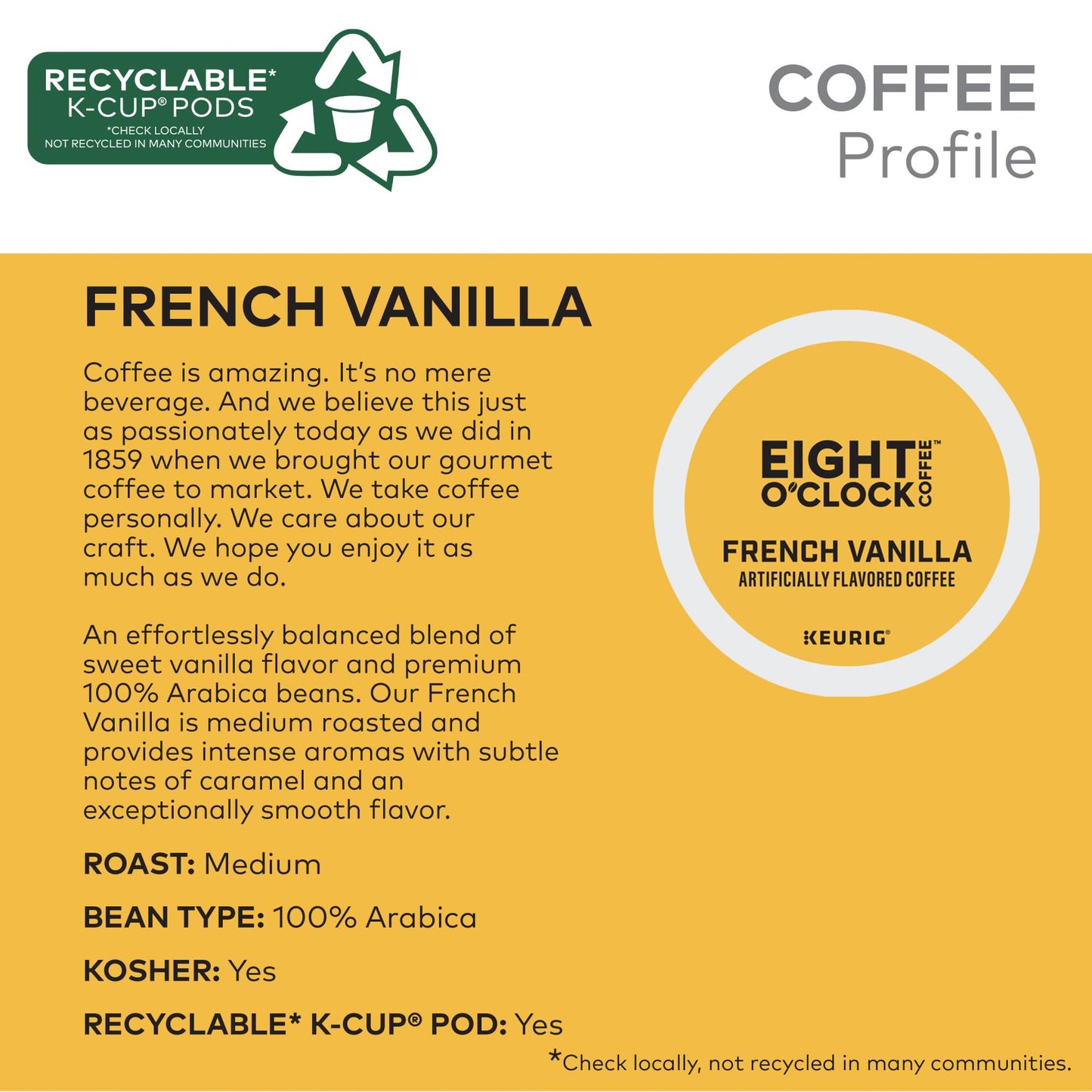 Eight O'Clock Coffee French Vanilla Light Roast K-Cup Pods, 72 Count, Single Serve, Colombian Peaks, Compatible with Keurig