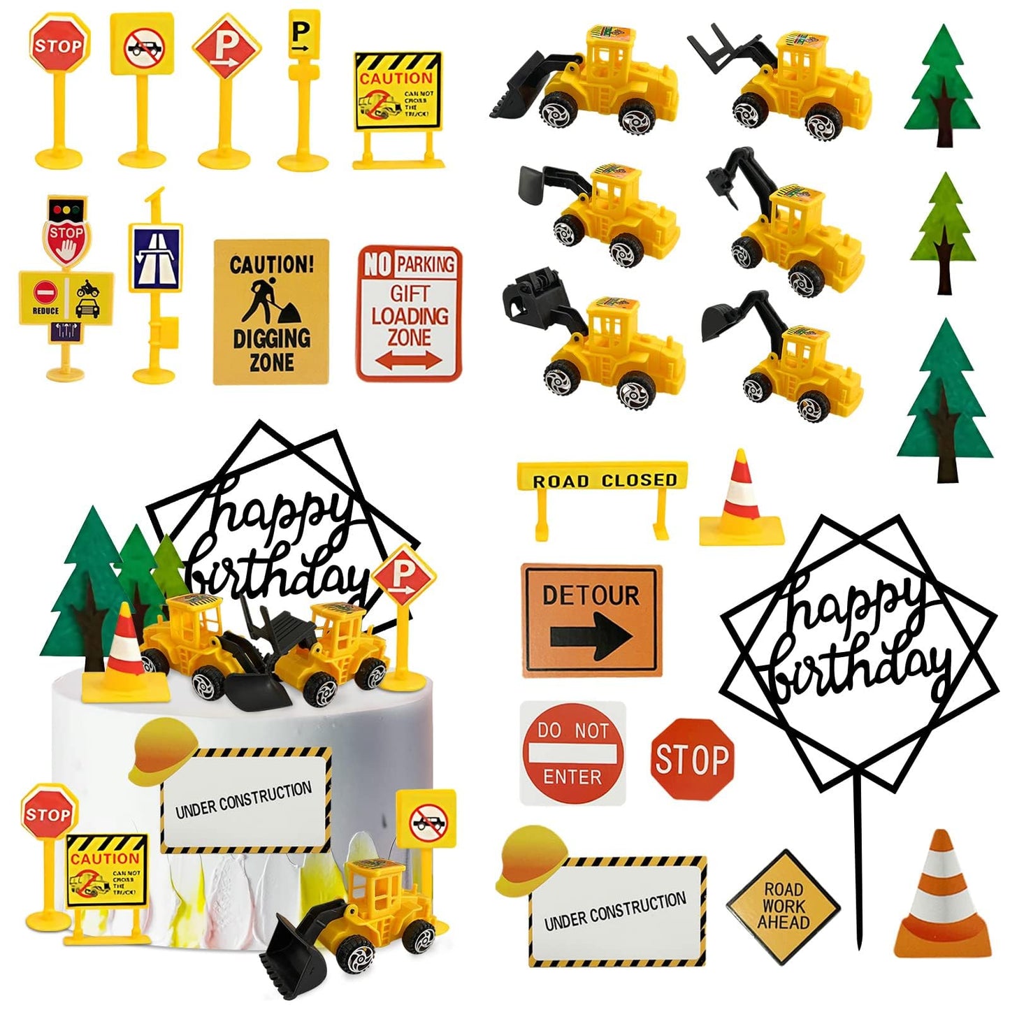 27 Pcs Mini Construction Vehicles Cake Decoration Set Truck Road Sign Cake Toppers Construction Birthday Party Supplies