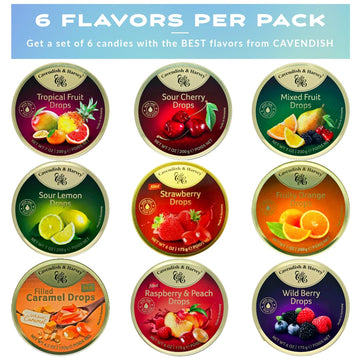 Cavendish And Harvey Variety Flavor Hard Candy Drops Sour Cherry, Wild Berry, Tropical Fruit, Sour Lemon, Raspberry And Peach, M