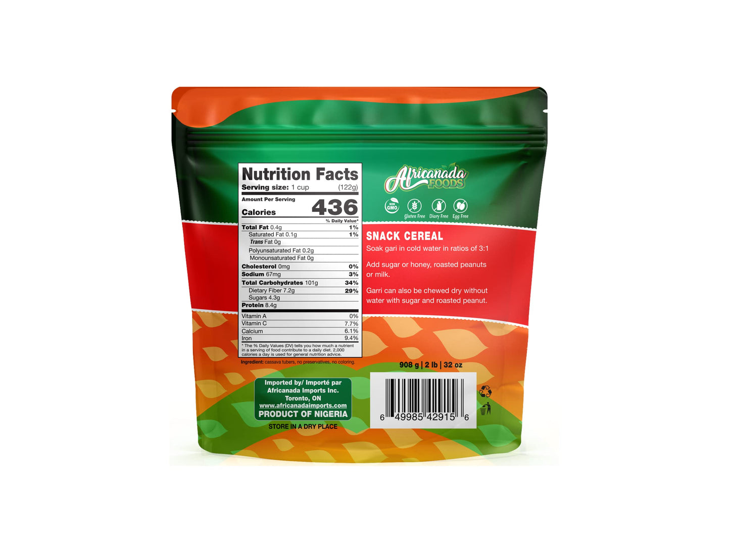 Africanada Foods All Natural White Cassava Granules | White Garri | 908g (2 lb)