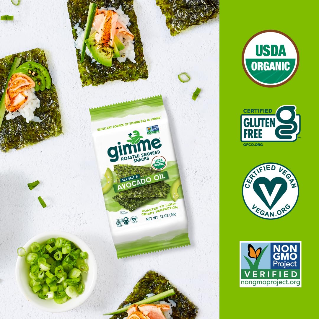 Gimme Seaweed - Sea Salt & Avocado Oil - 12 Count Sharing Size - Organic Roasted Sheets, Keto, Vegan, Gluten Free - Great Source