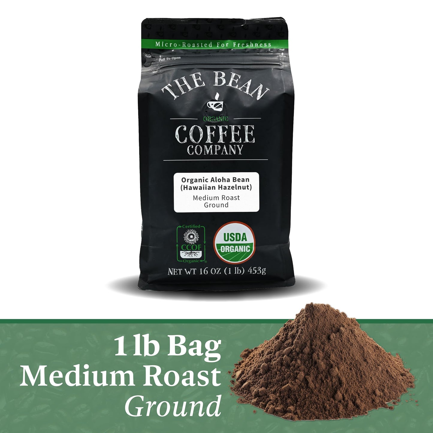 The Bean Organic Coffee Company Aloha Bean (Hawaiian Hazelnut), Medium Roast, Ground Coffee, 16-Ounce Bag,Café Molido Tostado Organico