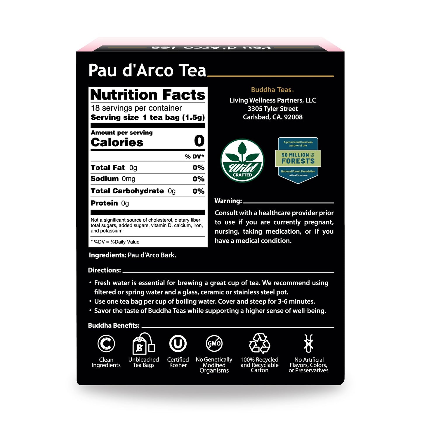 Buddha Teas Pau dArco Tea - OU Kosher, 18 Bleach-Free Tea Bags