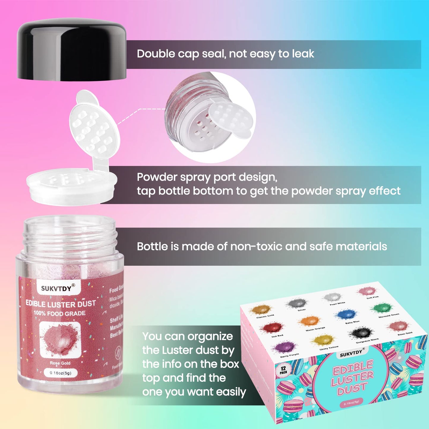 Edible Glitter Set, 12 Colors x 5g Food Grade Shimmer Luster Dust Edible, Food Glitter for Drinks Cake Decorating Cocktails Cook