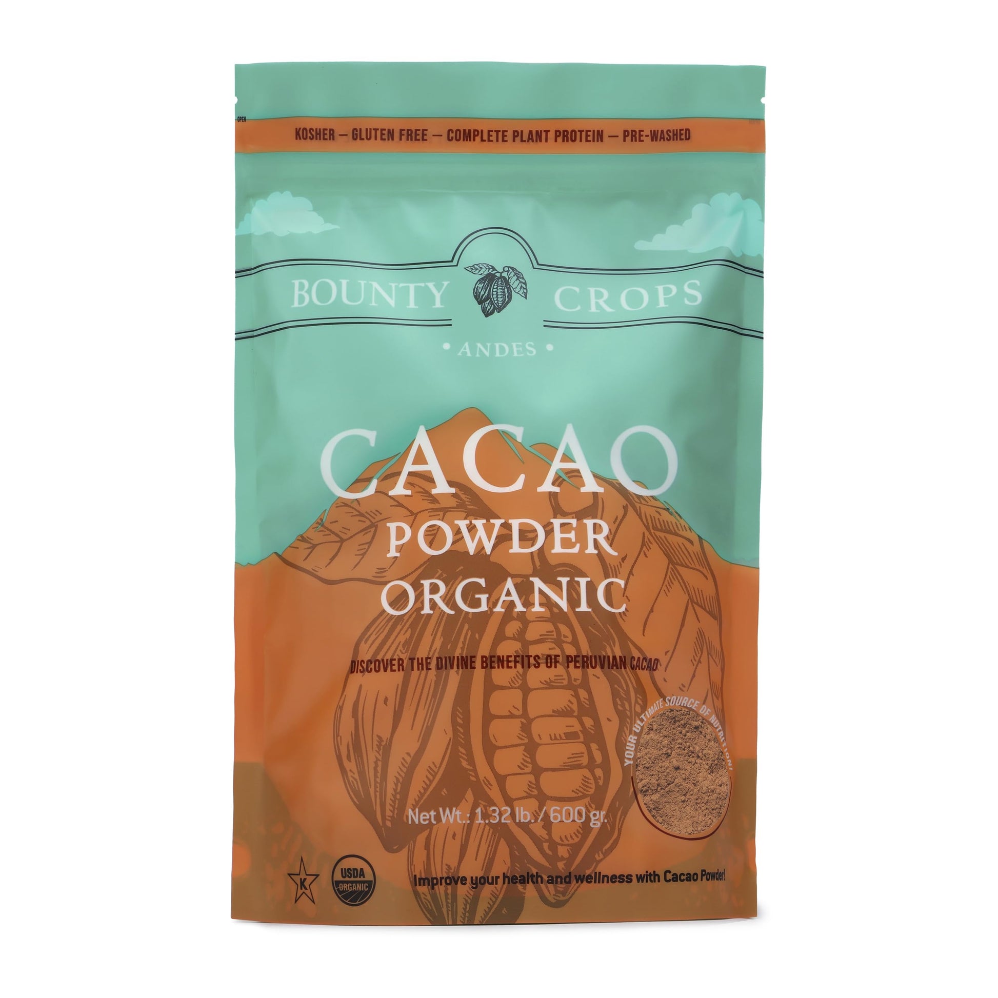 Bounty Crops Organic Cacao Powder (1.3 lb, 21 oz, 600 gr), Unsweetened Cacao with Dark Chocolate Flavor, Fruit Notes, Certified 