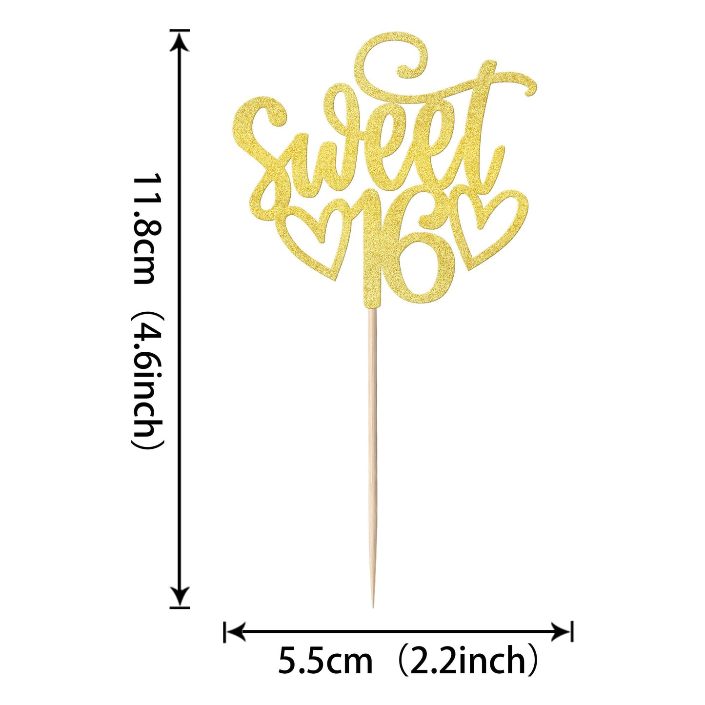 YCTHUNFISH 24 Pack Cupcake Toppers Glitter for 16th Birthday, Bamboo Material, Gold Color