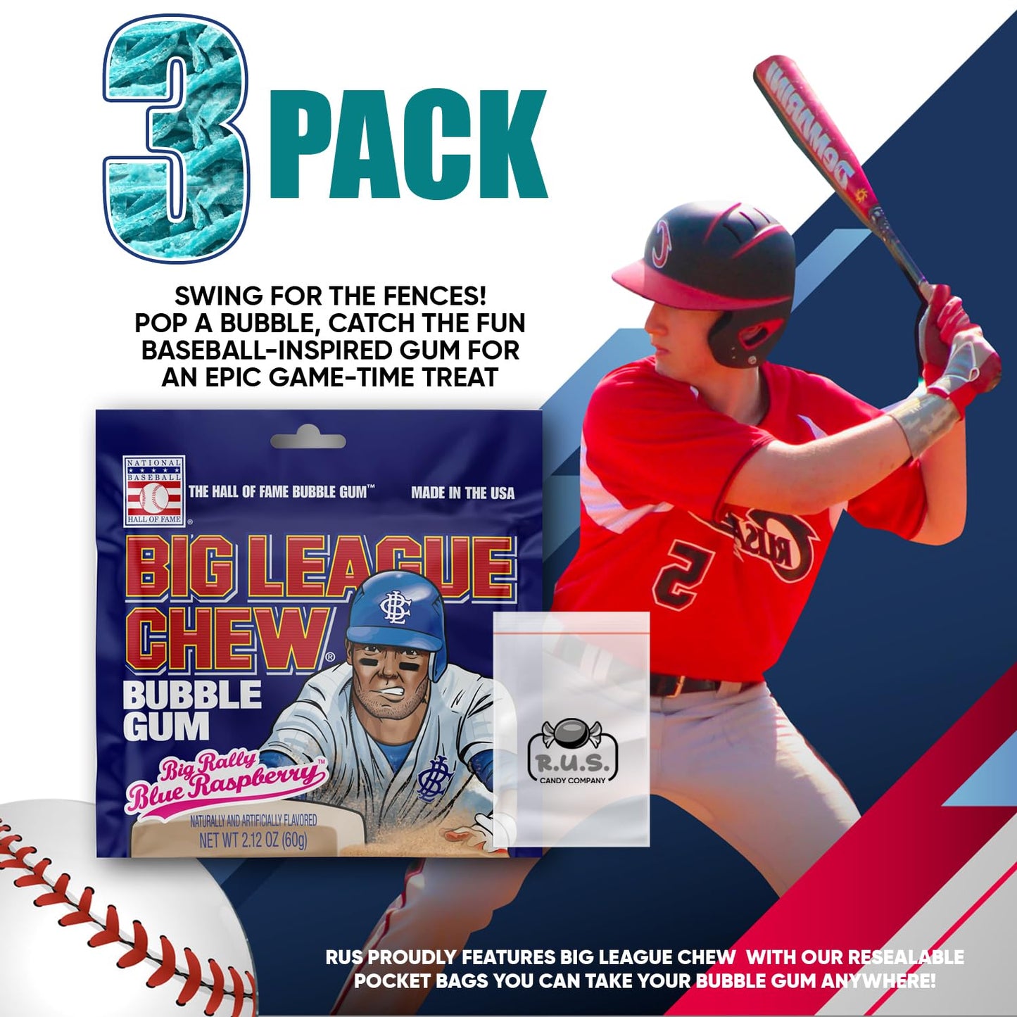 Big League Chew- Big Rally Blue Raspberry Flavored Shredded Bubble Gum- 3 Pack- 2.12Oz Each Plus Rus Candy Company Pocket Bag Bu