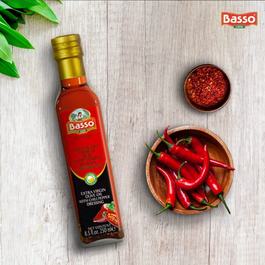BASSO 1904 Spicy Chili Oil - Infused Extra Virgin Olive Oil, 8.5 Fl Oz, Ideal for Drizzling, Cooking, Dipping, and Dressing