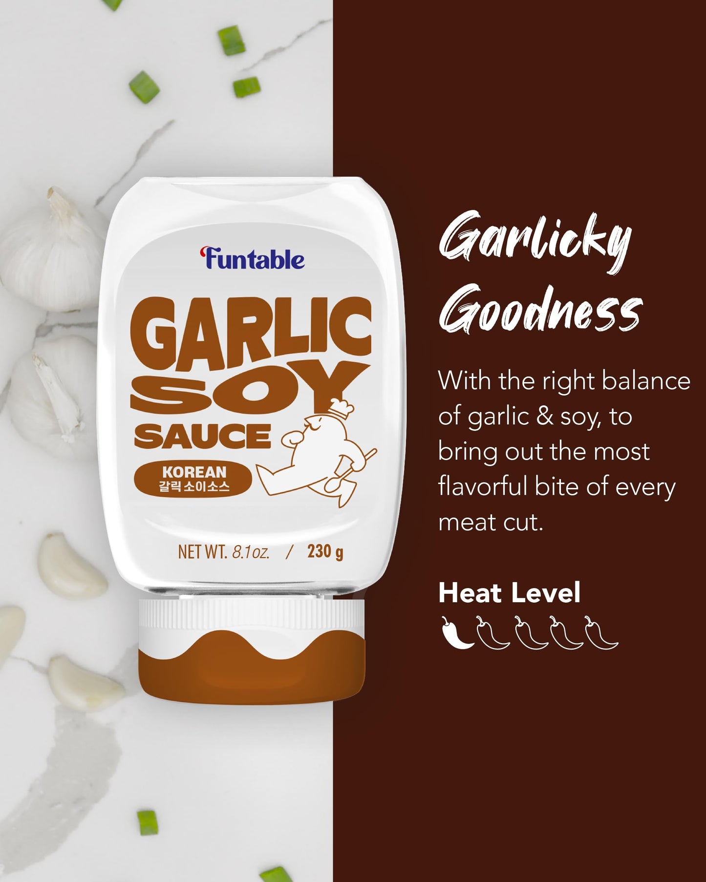 Funtable Garlic Soy Sauce (8.1 oz, 230g) (Halal) - Korean Authentic Garlic Flavored Sweet Sauce, Ideal for Dipping, Marinating,