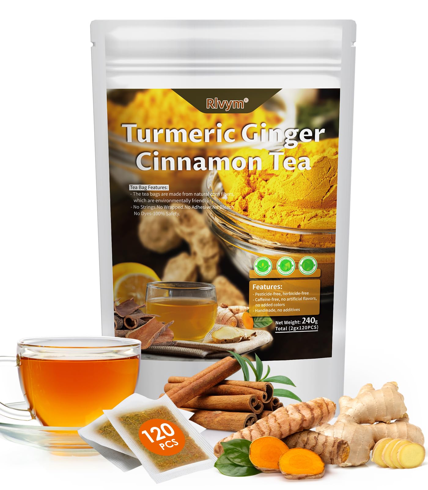 120 Bags Turmeric Flavor Blendger Cinnamon Tea  Natural Turmeric Herbal Tea  Improve Digestion  Support Skin  Sleep  Eco-Conscious Teabags  No Sugar  No Energy Blend  No Gluten(120Pcs  240G)