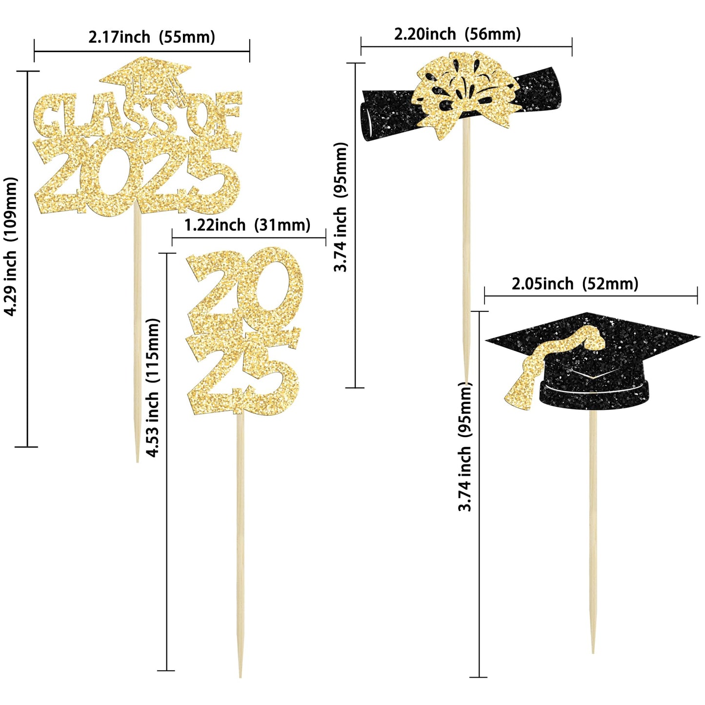 Ephlyn Graduation Cupcake Toppers, 36Pcs Gold Glitter Class of 2025, Congrats Grad Picks for Cake Decorations