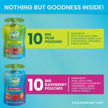 Gogo Squeez Big Variety Pack, Big Pear & Big Raspberry, 4.2 Oz. (Pack Of 20), Unsweetened Fruit Snacks For Kids, Gluten Free, Nu