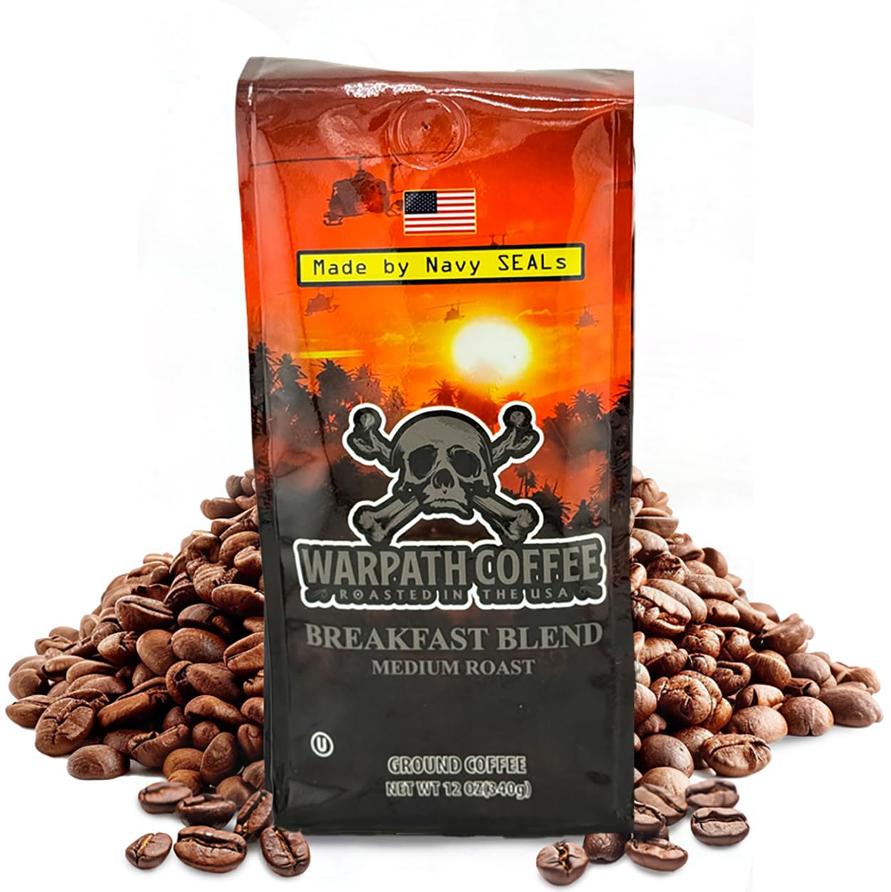 Warpath Coffee Whole Bean Coffee Medium Roast, Breakfast Blend, High Caffeine, Extra Strong Roasted 100% Arabica Coffee Beans Whole, Rich Aroma, Full Bodied Intense Cup, Created By Navy Seals, 12Oz