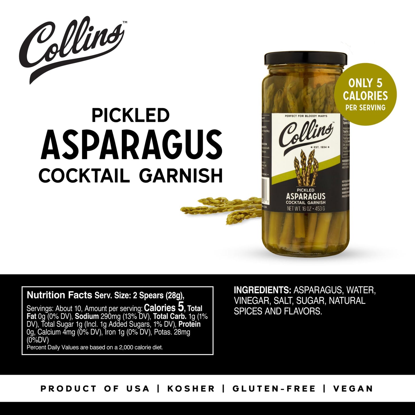 Collins Gourmet Pickled Asparagus Spears in Glass Jar, 16oz, Black Lid, Premium Garnish for Cocktails and Salads