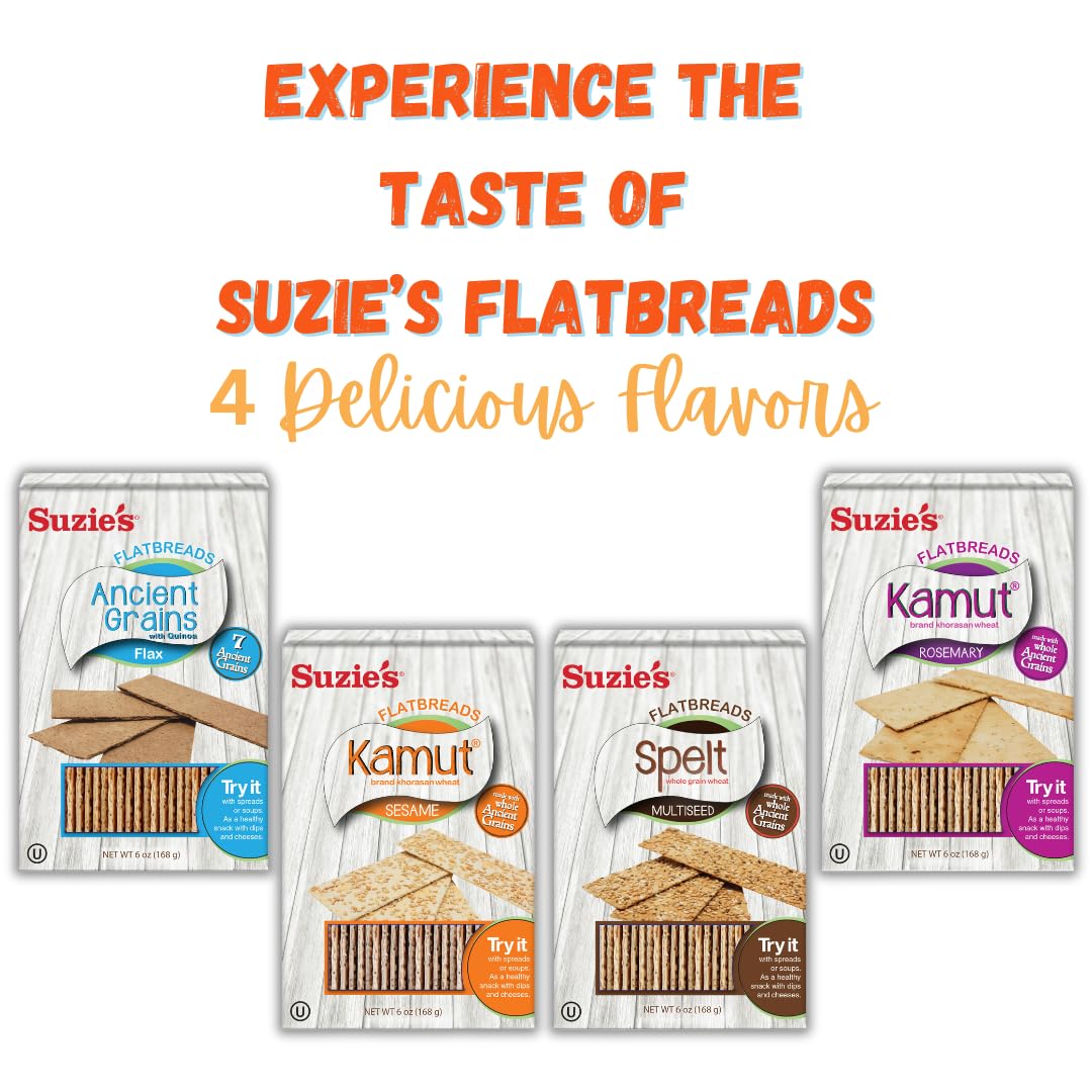 Suzies Kamut Sesame Flatbread Crackers| Pack of 12 | Low-Fat & Vegan, Kosher, Whoelgrain | Low Carb Healthy Snack Option | 4.5