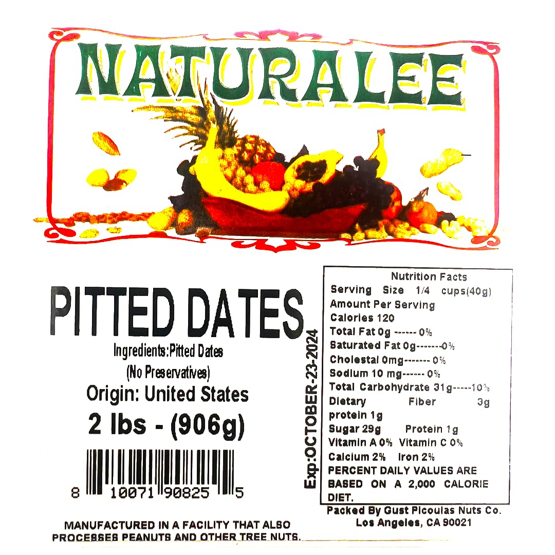 Naturalee Dried Dates 2 lb - Pitted - No Added Sugar, No preservatives - Gluten Free, Vegan, High Fiber Snack