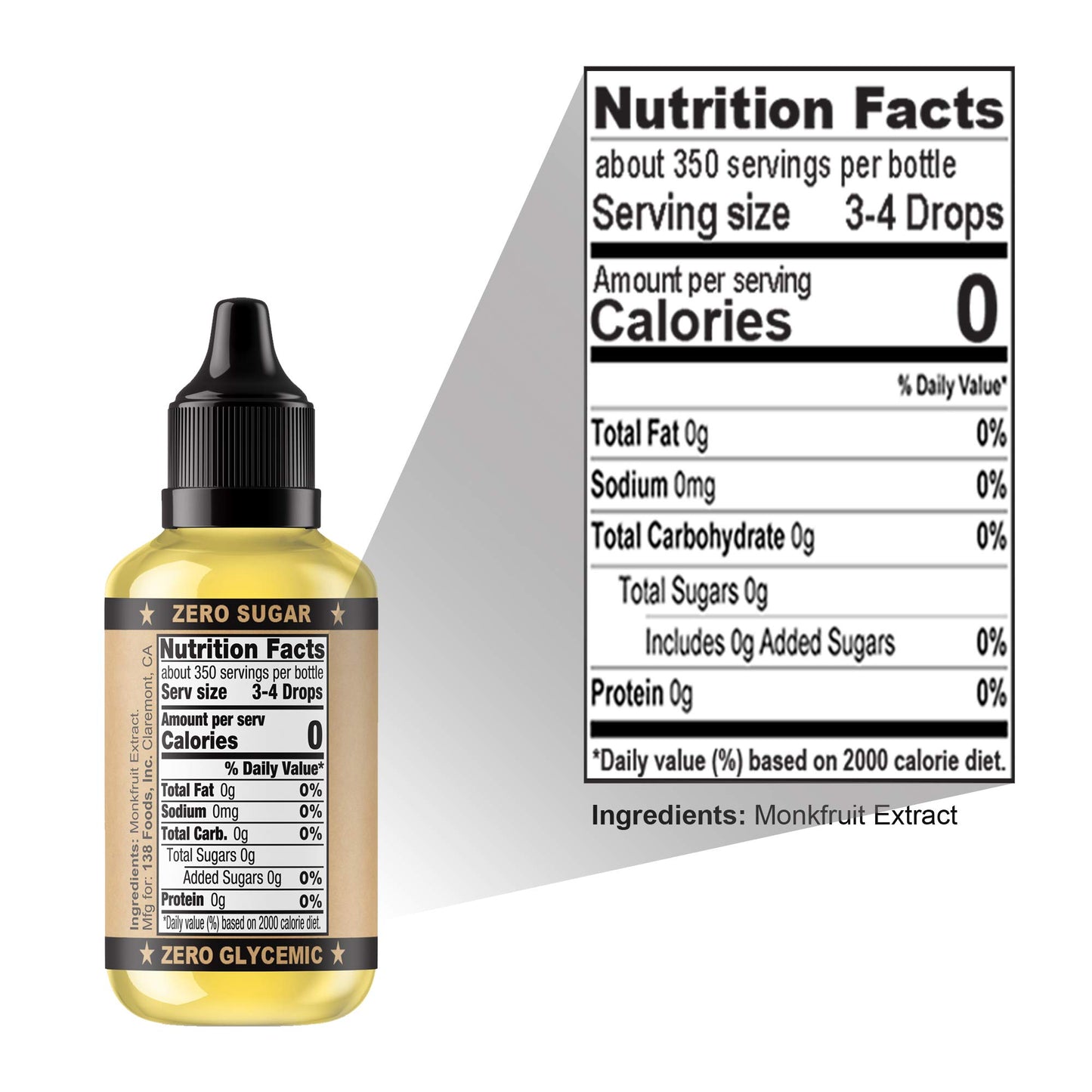 Smart138 Monk Drops - 100% Monkfruit Liquid Sweetener, Zero Calories, Zero Sugar, 1.5 Fl Oz, 350 Servings, Keto-Friendly