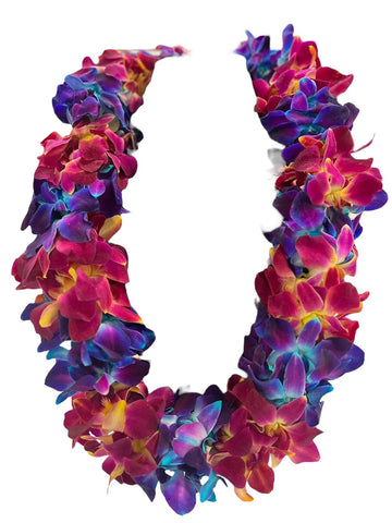 Fresh Hand Made Dendrobium Orchid Lei Purple (Blue with Orangy Red)